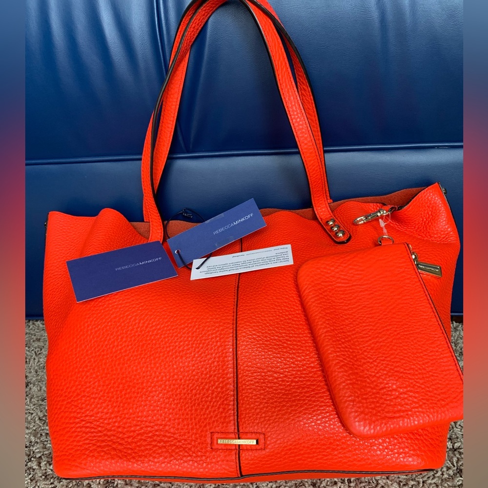 Rebecca Minkoff Studded Leather Tote Shoulder Bag In Poppy Red With Wristlet